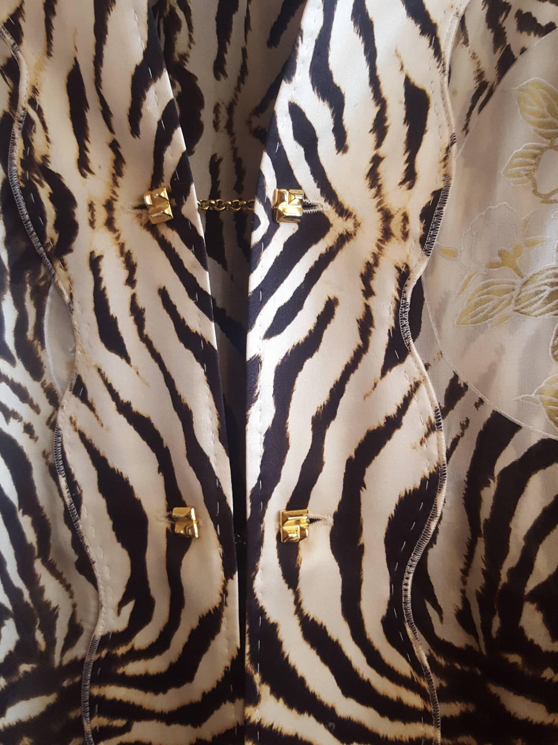 Roberto Cavalli Silk Zebra Print Long Sleeve Flared Cuff, w/Goldtone Buttons 4