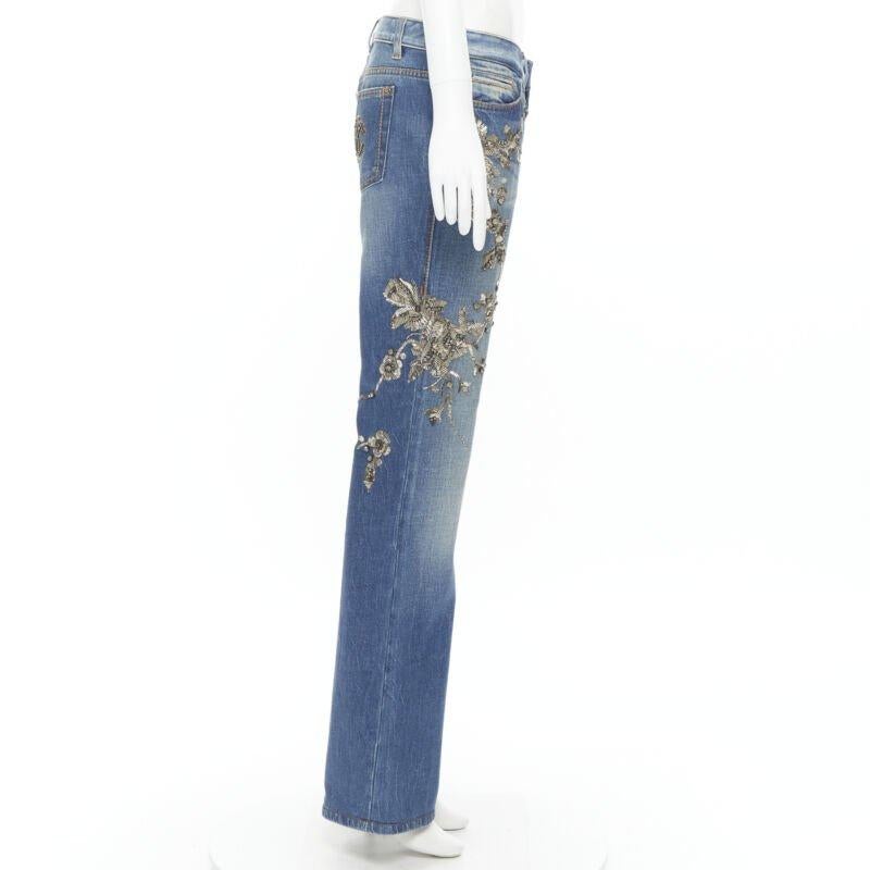 ROBERTO CAVALLI silver bead crystal floral embellished boot cut jeans IT42 M In Excellent Condition For Sale In Hong Kong, NT