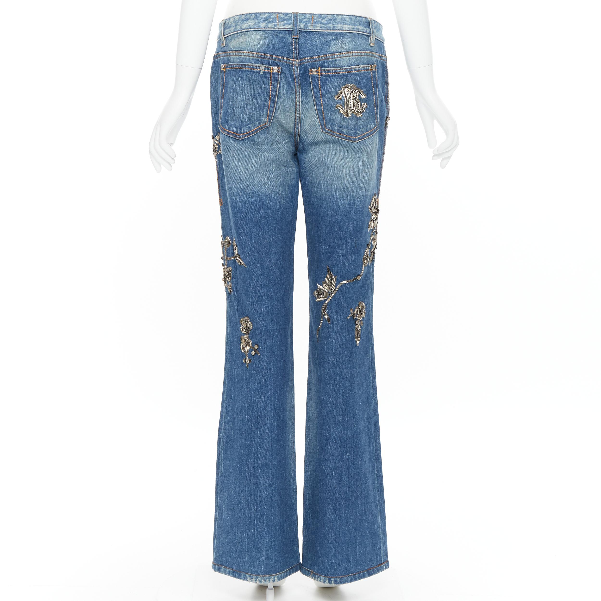 Donna ROBERTO CAVALLI jeans boot cut impreziositi da perline d'argento e cristalli floreali IT42 M