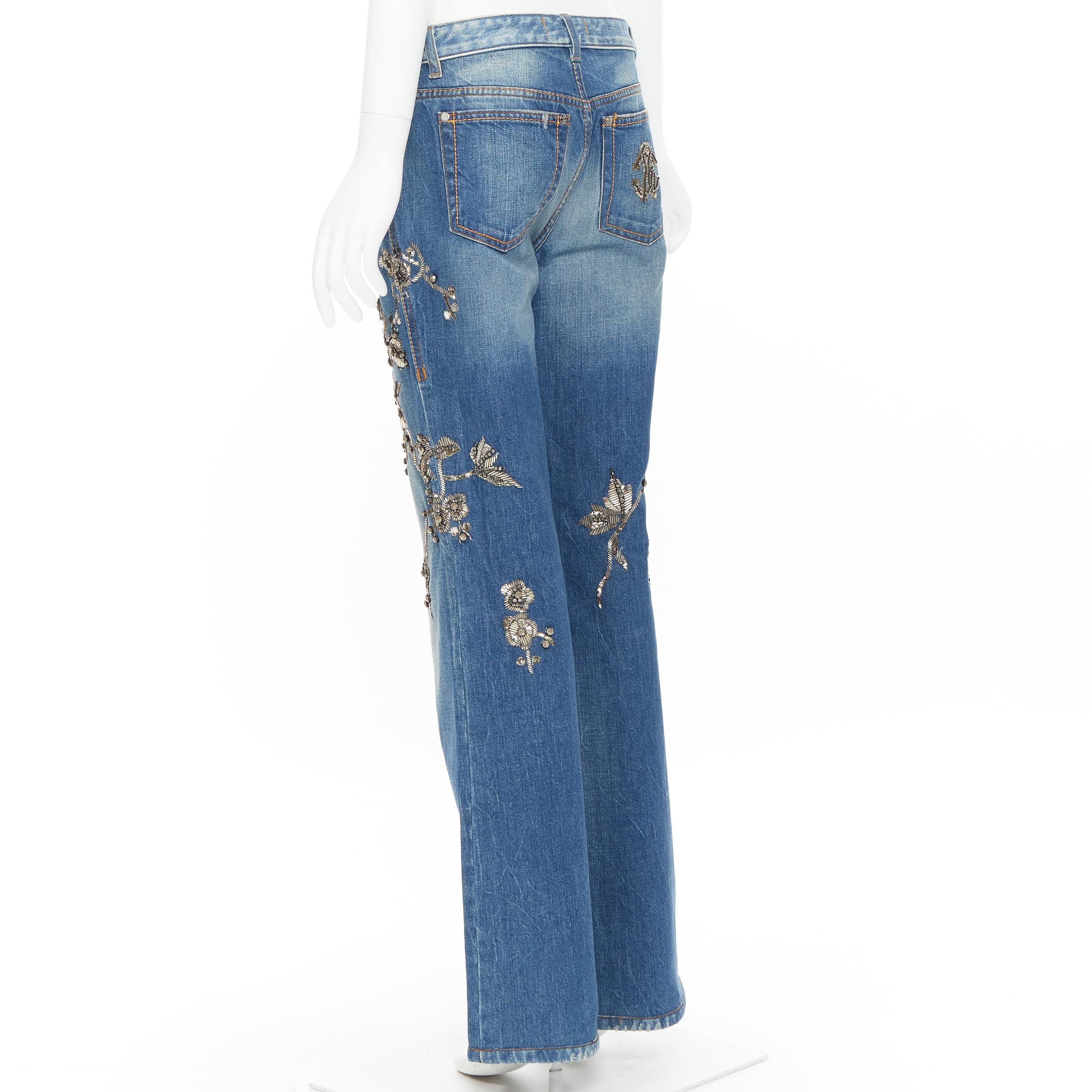 ROBERTO CAVALLI jeans boot cut impreziositi da perline d'argento e cristalli floreali IT42 M 1