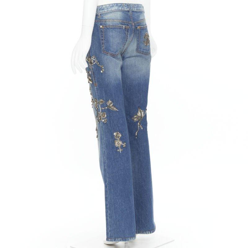 ROBERTO CAVALLI silver bead crystal floral embellished boot cut jeans IT42 M For Sale 1