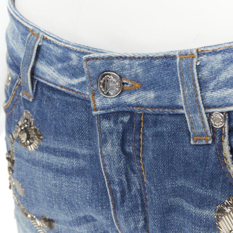 ROBERTO CAVALLI silver bead crystal floral embellished boot cut jeans IT42 M For Sale 2