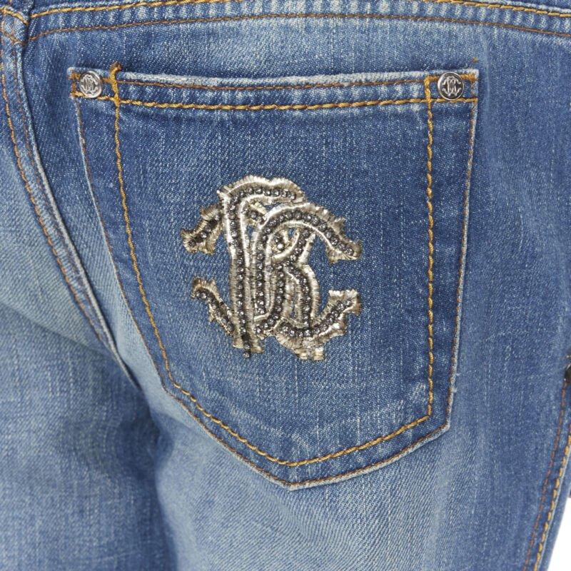ROBERTO CAVALLI silver bead crystal floral embellished boot cut jeans IT42 M For Sale 3
