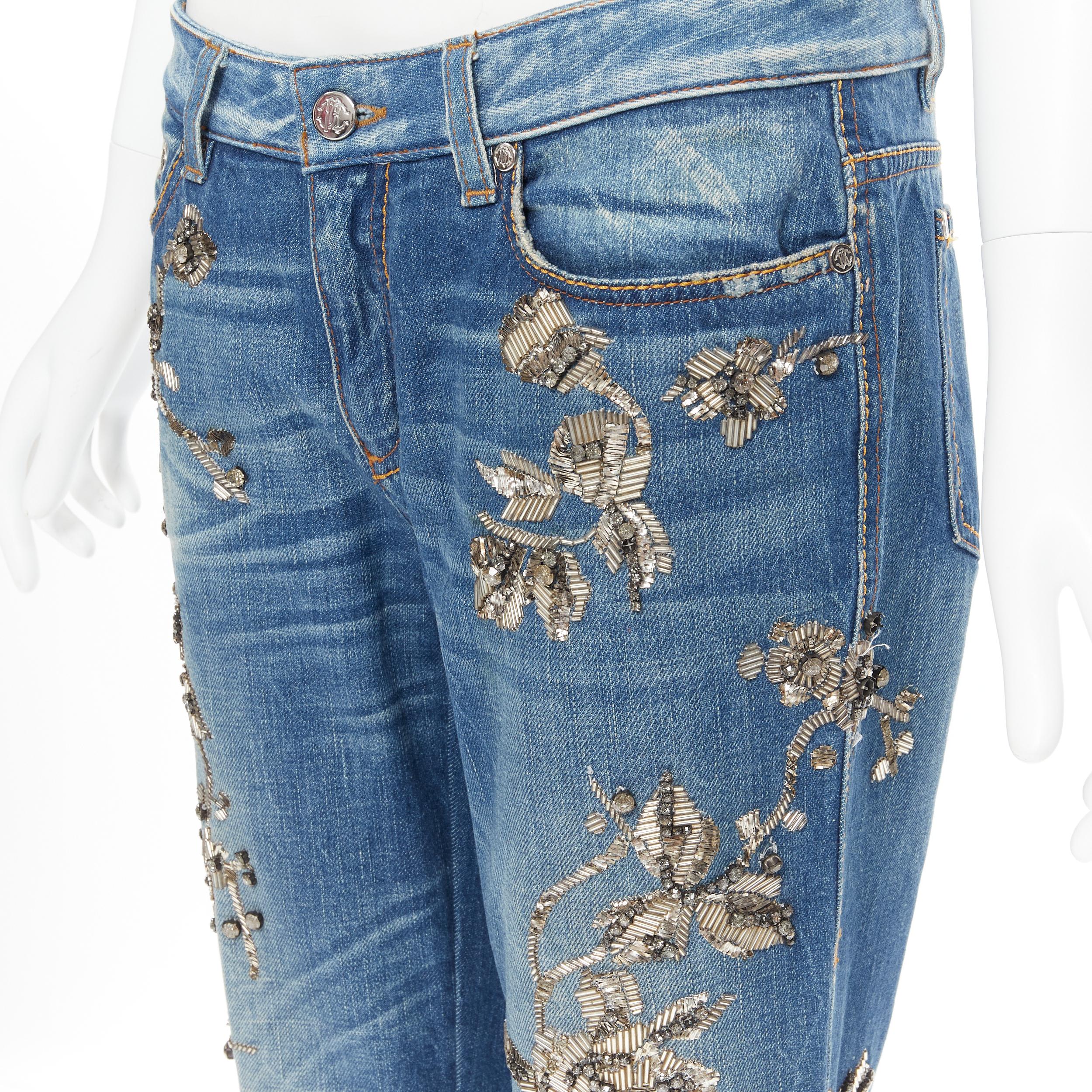 ROBERTO CAVALLI jeans boot cut impreziositi da perline d'argento e cristalli floreali IT42 M 4