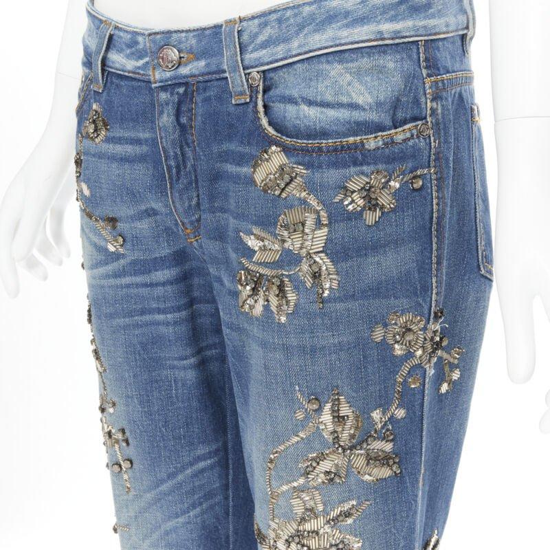 ROBERTO CAVALLI silver bead crystal floral embellished boot cut jeans IT42 M For Sale 4