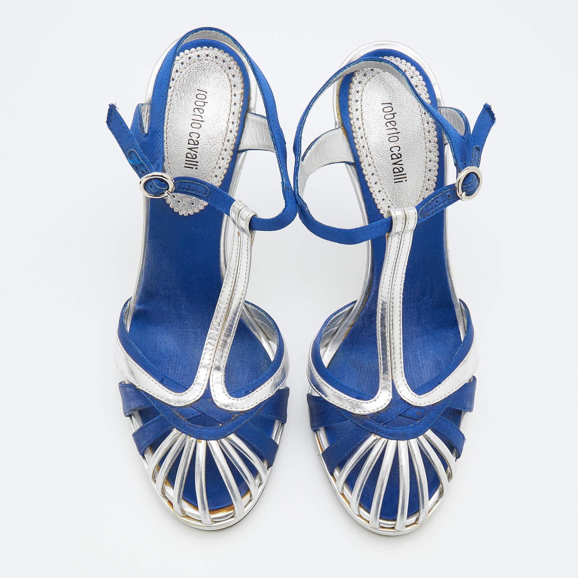 Gray Roberto Cavalli Silver/Blue Leather And Satin T-Strap Sandals Size 36
