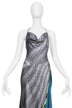 Roberto Cavalli Silver & Blue Silk Halter Mermaid Dress SS 2001