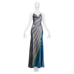 Roberto Cavalli Silver & Blue Silk Halter Mermaid Dress SS 2001