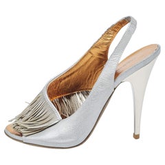 Roberto Cavalli Silver Leather Slingback Fringe Detail Peep Toe Sandals Size 37