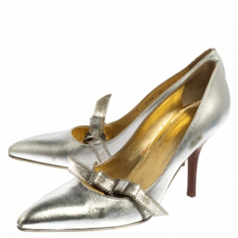 Roberto Cavalli Silver Leather Slip On Pointed Toe Pumps Size 38 For Sale 1