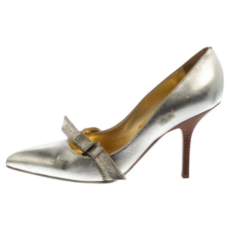 Roberto Cavalli Silver Leather Slip On Pointed Toe Pumps Size 38 For Sale