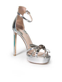 Roberto Cavalli Silver Leopard Head Bow Sandals Size IT 38