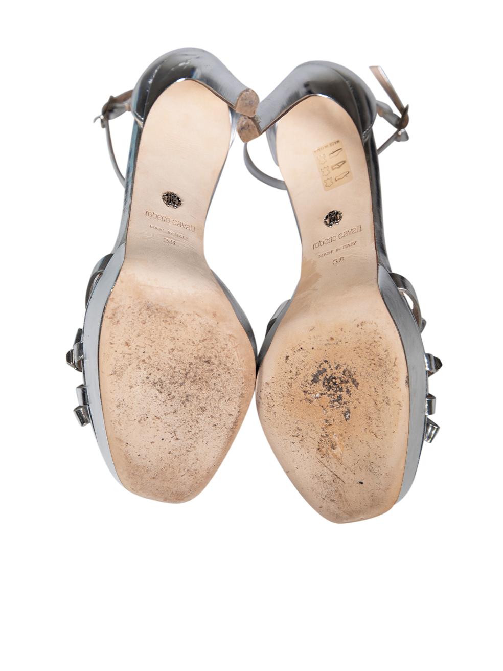 Women's Roberto Cavalli Silver Leopard Head Bow Sandals Size IT 38 For Sale