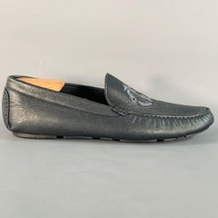ROBERTO CAVALLI Size 11.5 Navy Silver Logo Embroidery Leather Drivers Loafers