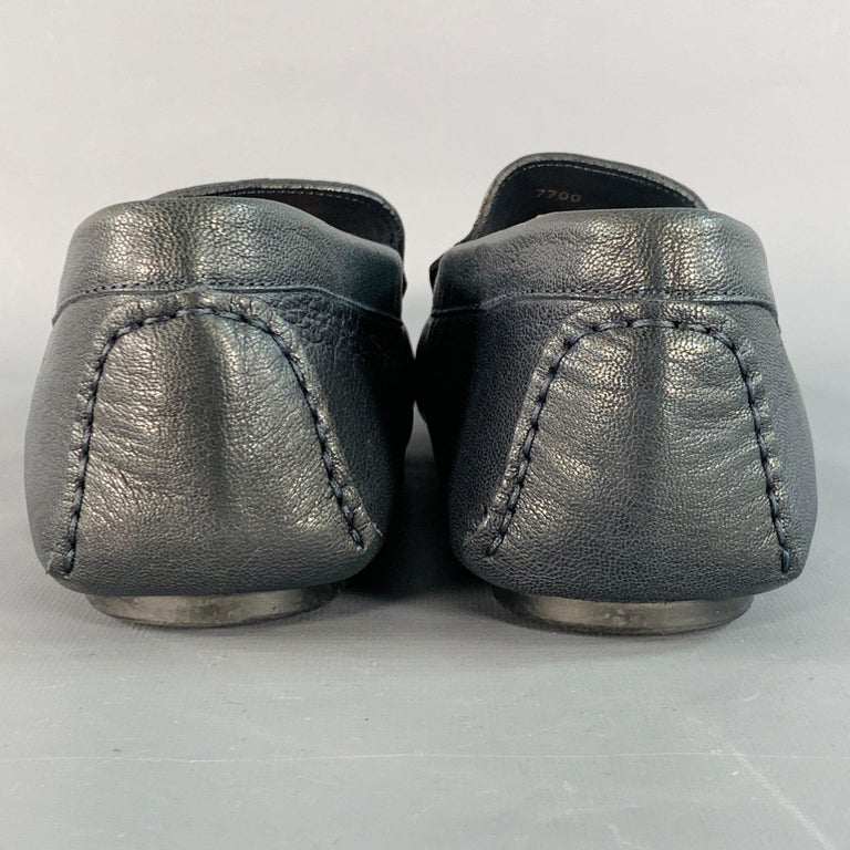 Roberto Cavalli Navy Textured Leather Slip-On Loafers with Silver Metal Logo 41 ROBERTO CAVALLI Size 11.5 Navy Silver Logo Embroidery  main image 3