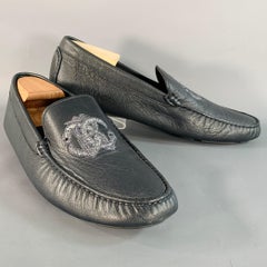 ROBERTO CAVALLI Größe 11.5 Navy Silber Logo Stickerei Leder Drivers Loafers