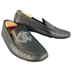 ROBERTO Cavalli Size 11.5 Navy Silver Logo Embroidery Leather Drivers Loafers