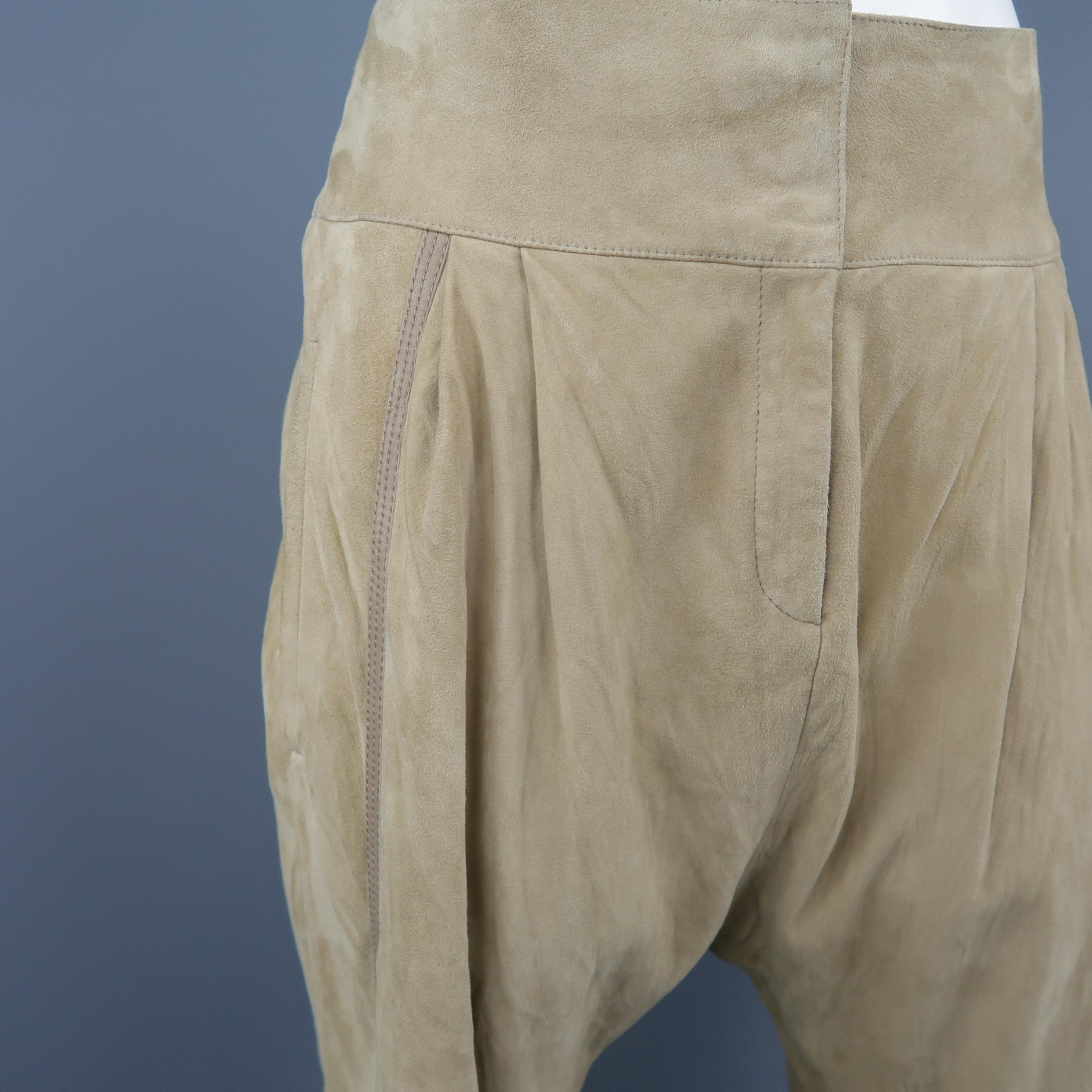 Women's ROBERTO CAVALLI Size 12 Beige Suede Leather Trim Drop Crotch Pants