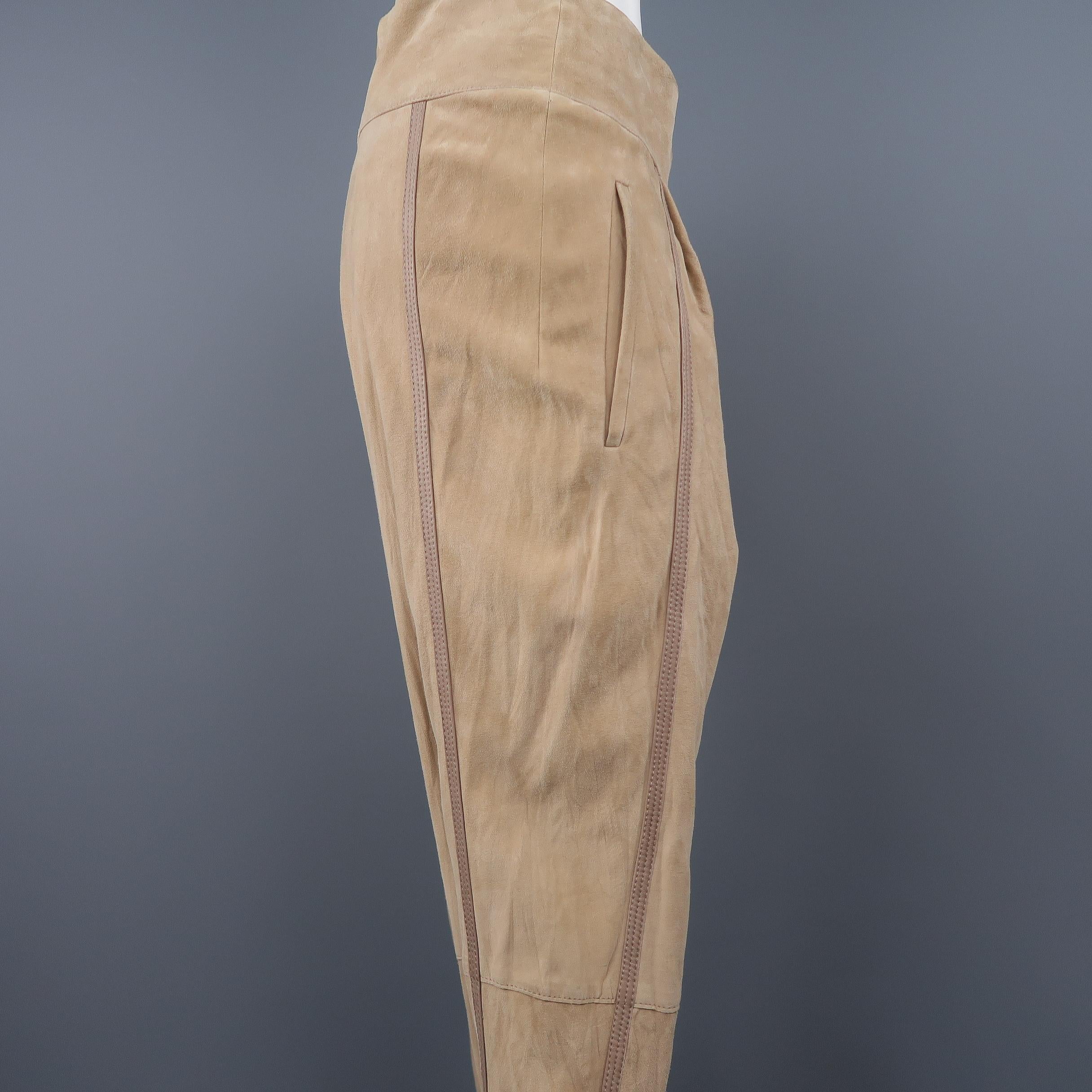 ROBERTO CAVALLI Size 12 Beige Suede Leather Trim Drop Crotch Pants 3