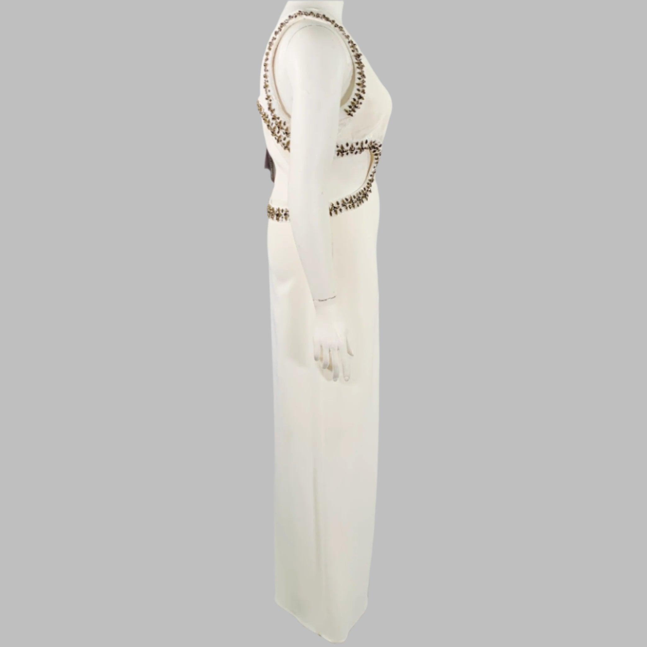 Gray ROBERTO CAVALLI Size 12 Cream Viscose Blend Rhinestones Evening Gown For Sale