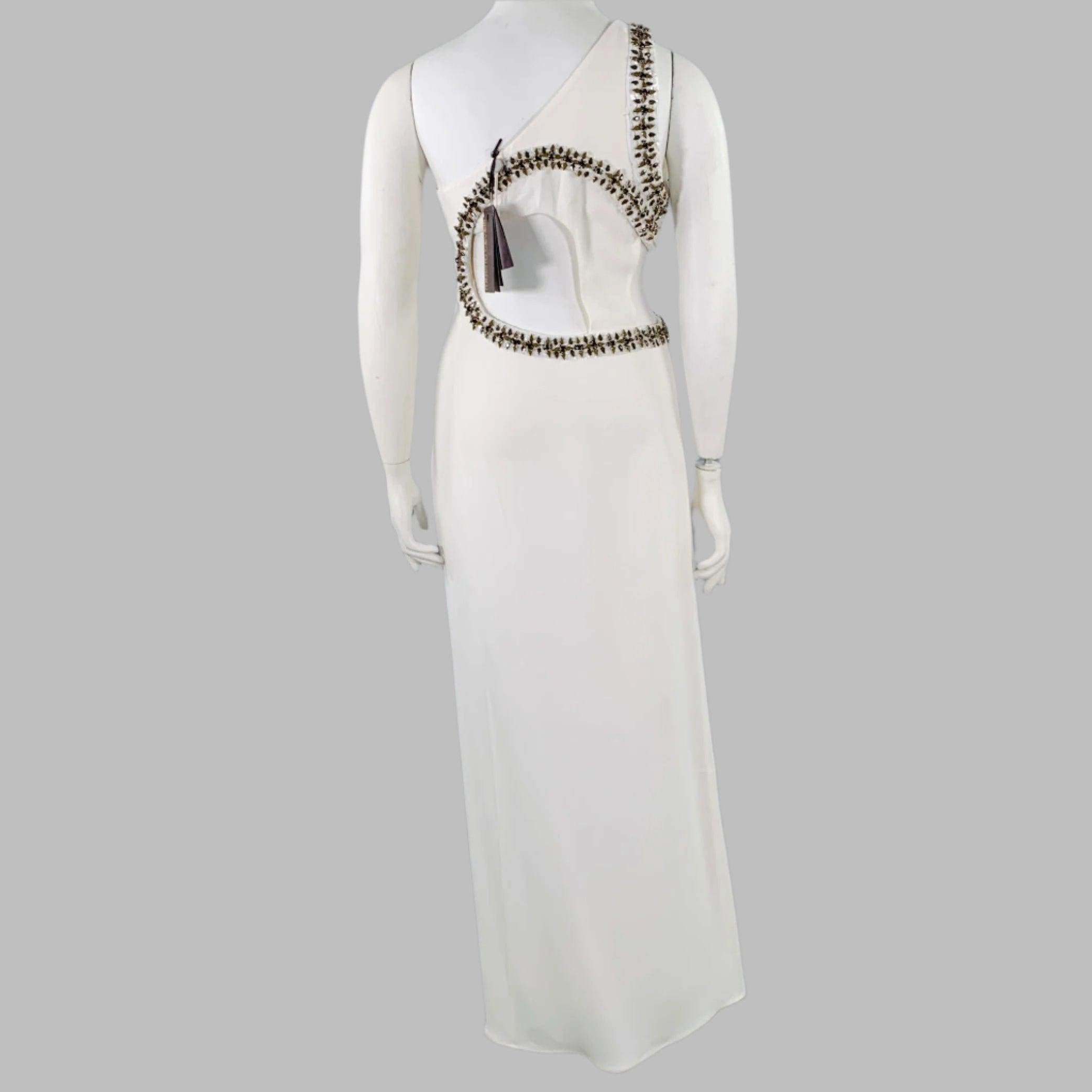 Women's ROBERTO CAVALLI Size 12 Cream Viscose Blend Rhinestones Evening Gown For Sale