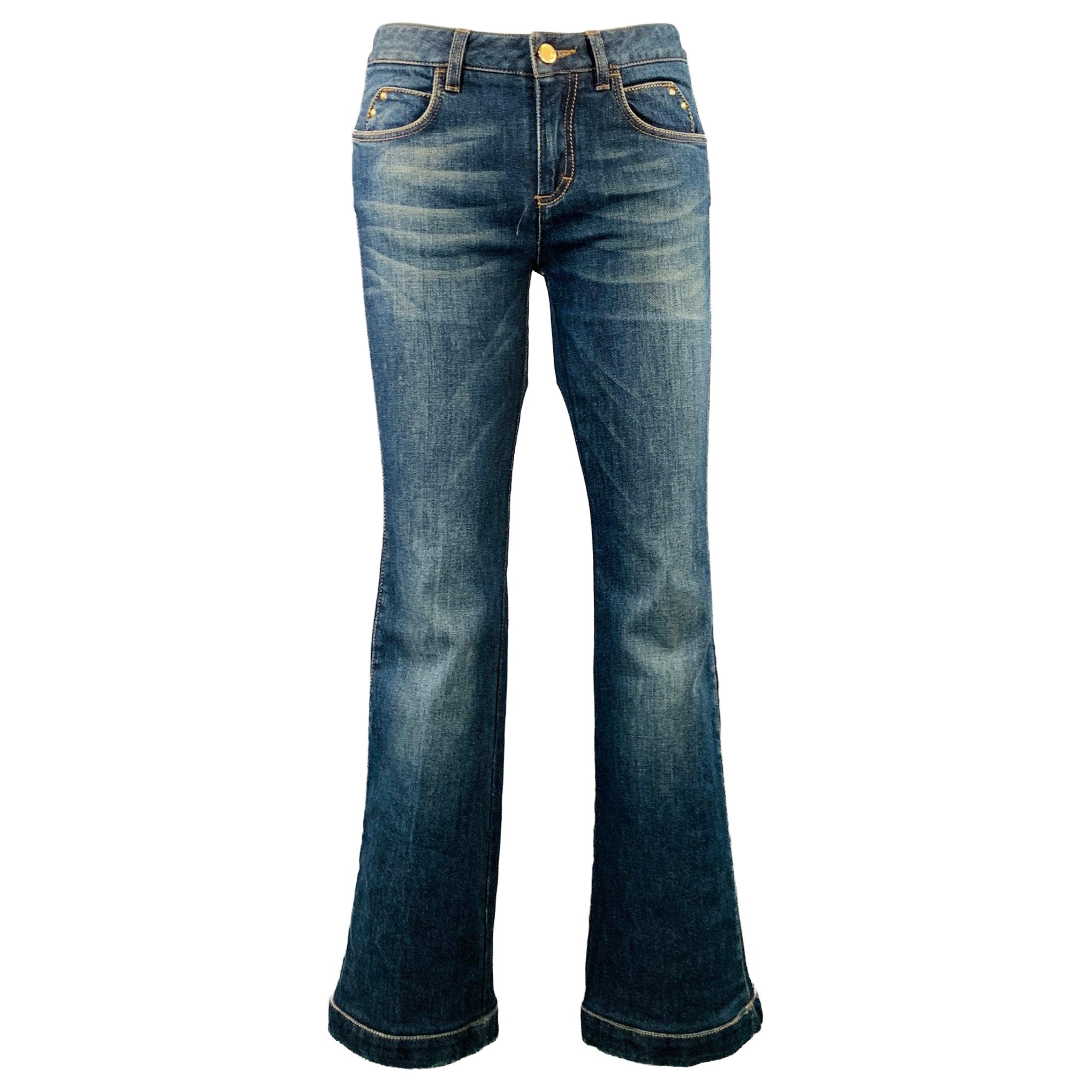 ROBERTO CAVALLI Size 2 Blue Cotton Blend Low Rise Studded Twill Flared Jeans