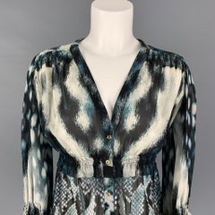 ROBERTO CAVALLI Size 2 Grey Blue Cream Silk Snake Skin Print V-Neck Blouse