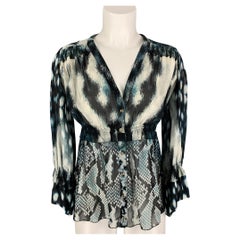 ROBERTO CAVALLI Size 2 Grey Blue Cream Silk Snake Skin Print V-Neck Blouse