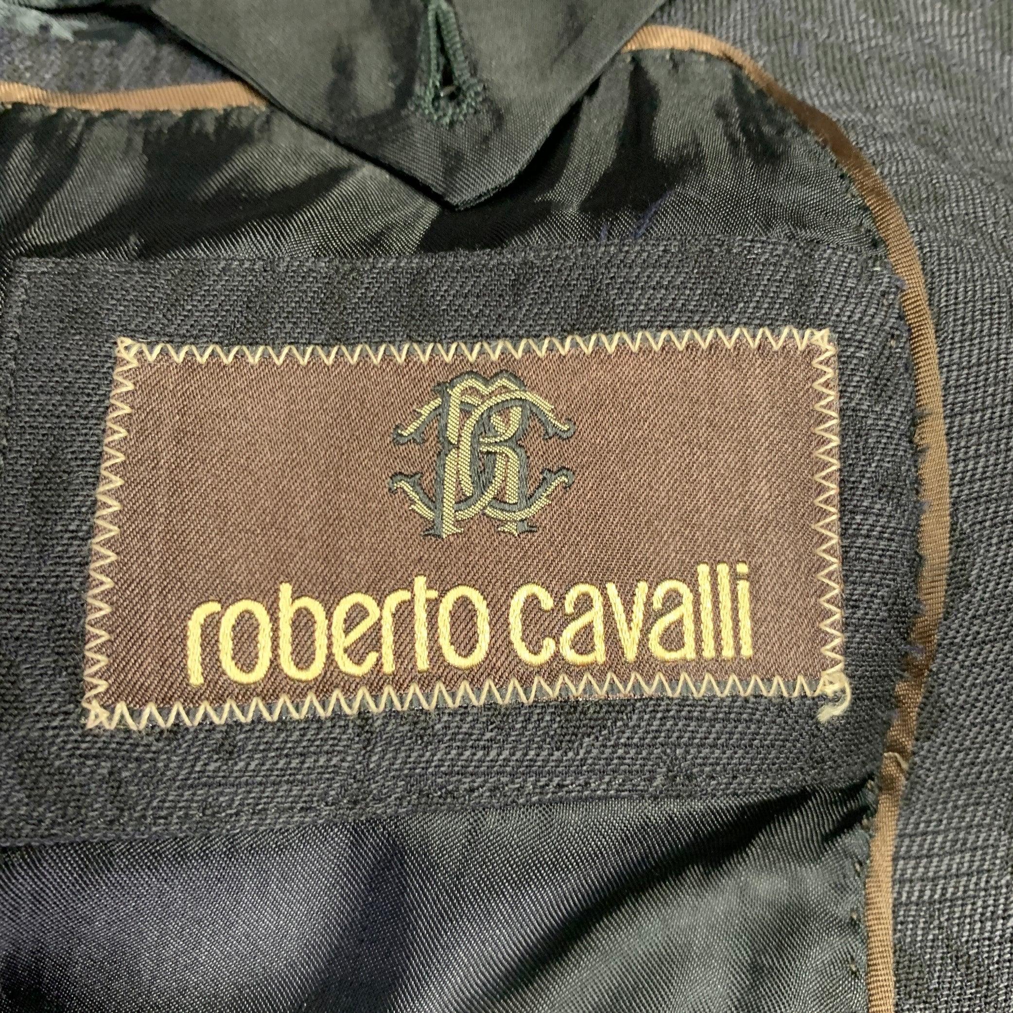 ROBERTO CAVALLI Talla 38 Abrigo negro de lana virgen con estampado animal en venta 2