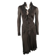 ROBERTO CAVALLI Size 4 Black Ruffled D V Neck Long Sleeve Dress
