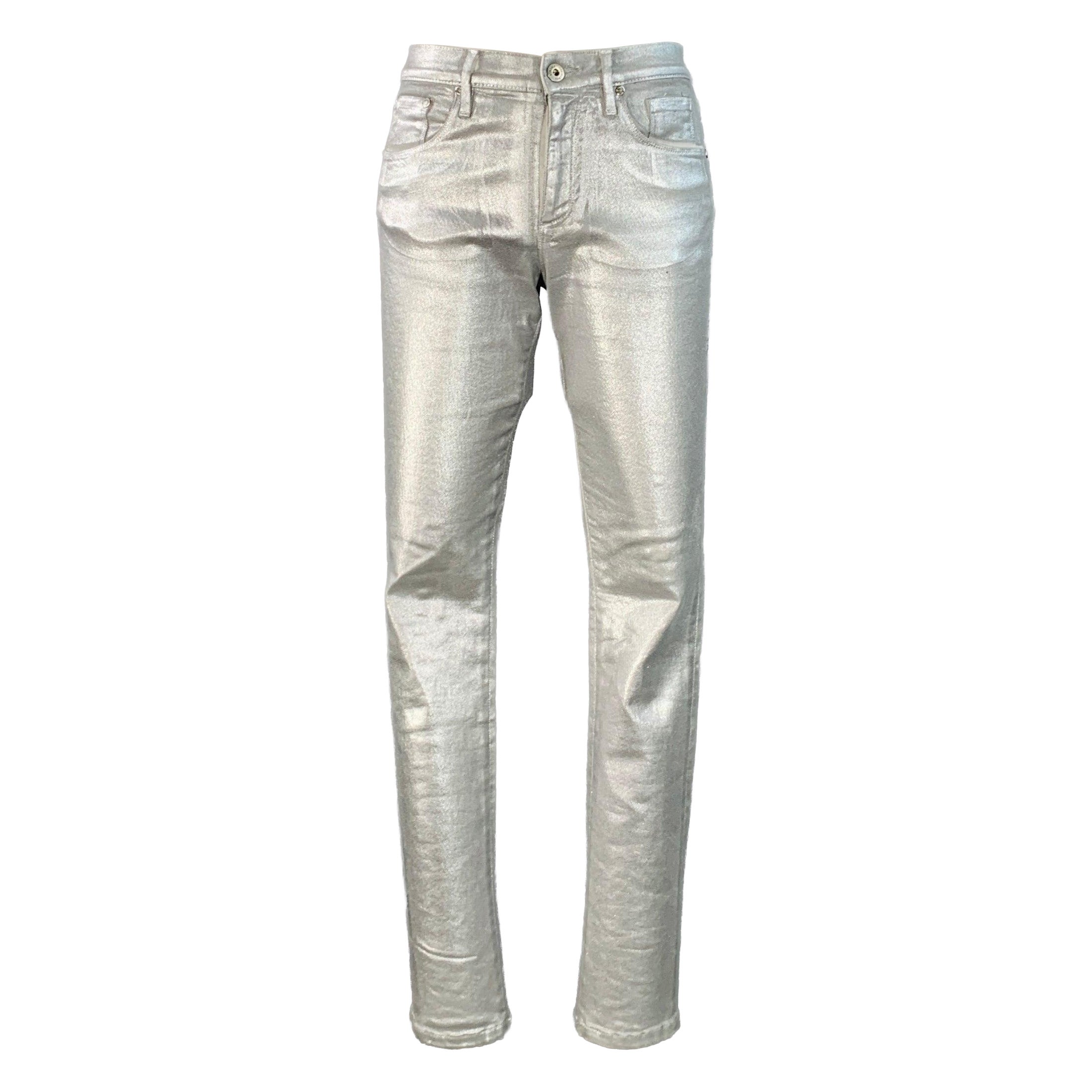 ROBERTO CAVALLI Size 4 Metallic Silver Coated Cotton Blend Skinny Jeans