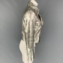 ROBERTO CAVALLI Size 4 Silver Print Leather Metallic Cropped Biker Jacket
