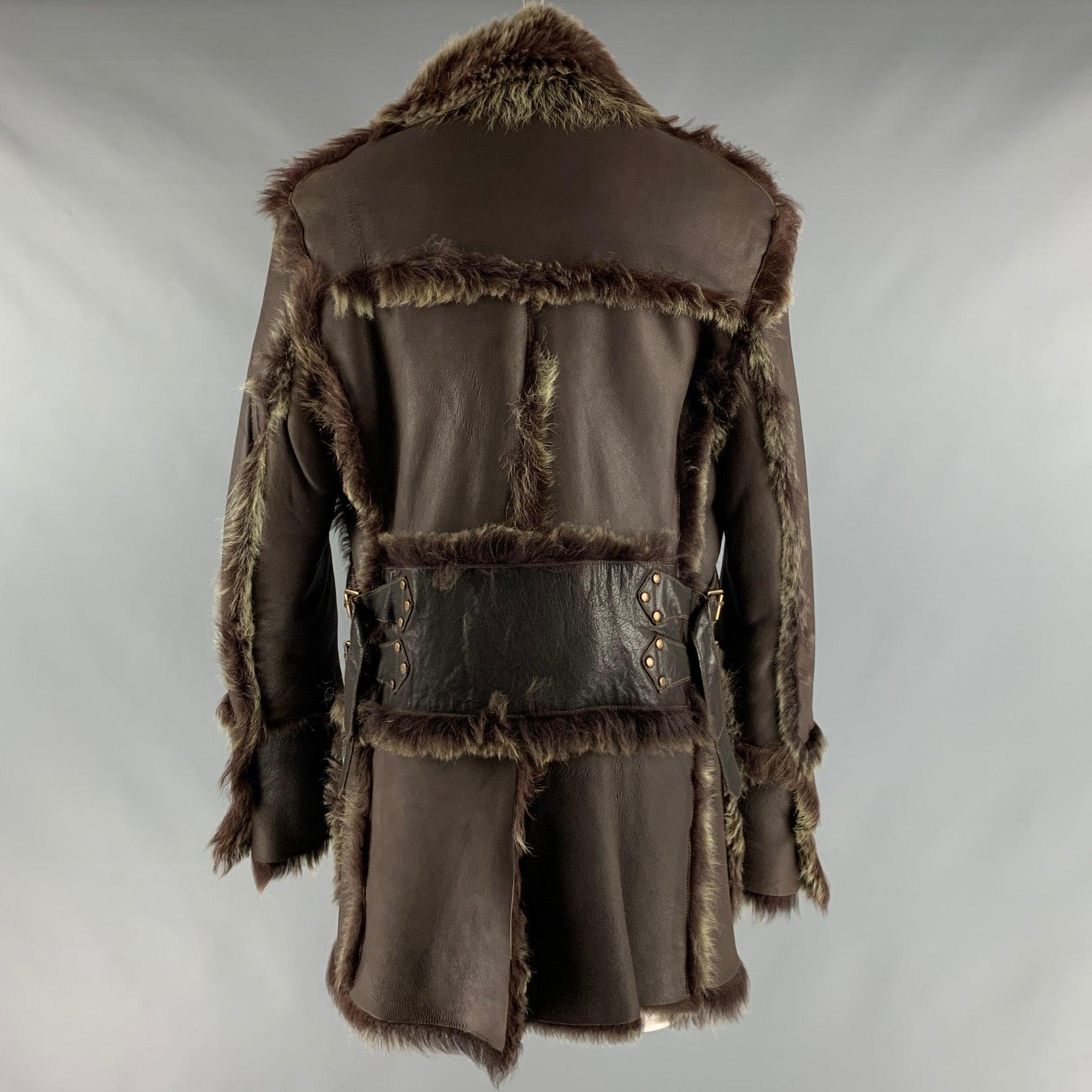 Men's ROBERTO CAVALLI Size 40 Brown Green Solid Leather Coat