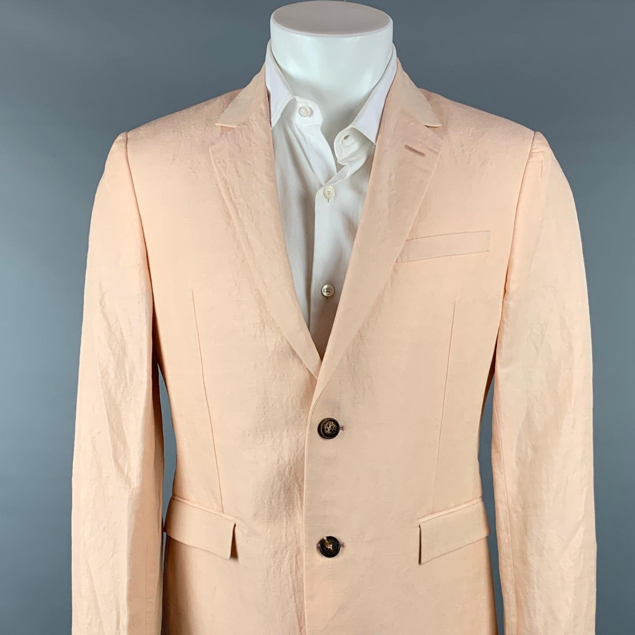 ROBERTO CAVALLI sport coat comes in a peach textured linen / silk with a half liner featuring a notch lapel, flap pockets, and a two button closure. Made in Italy.New With Tags. 

Marked:   IT 50 

Measurements: 
 
Shoulder: 16.5 inches  Chest: 40