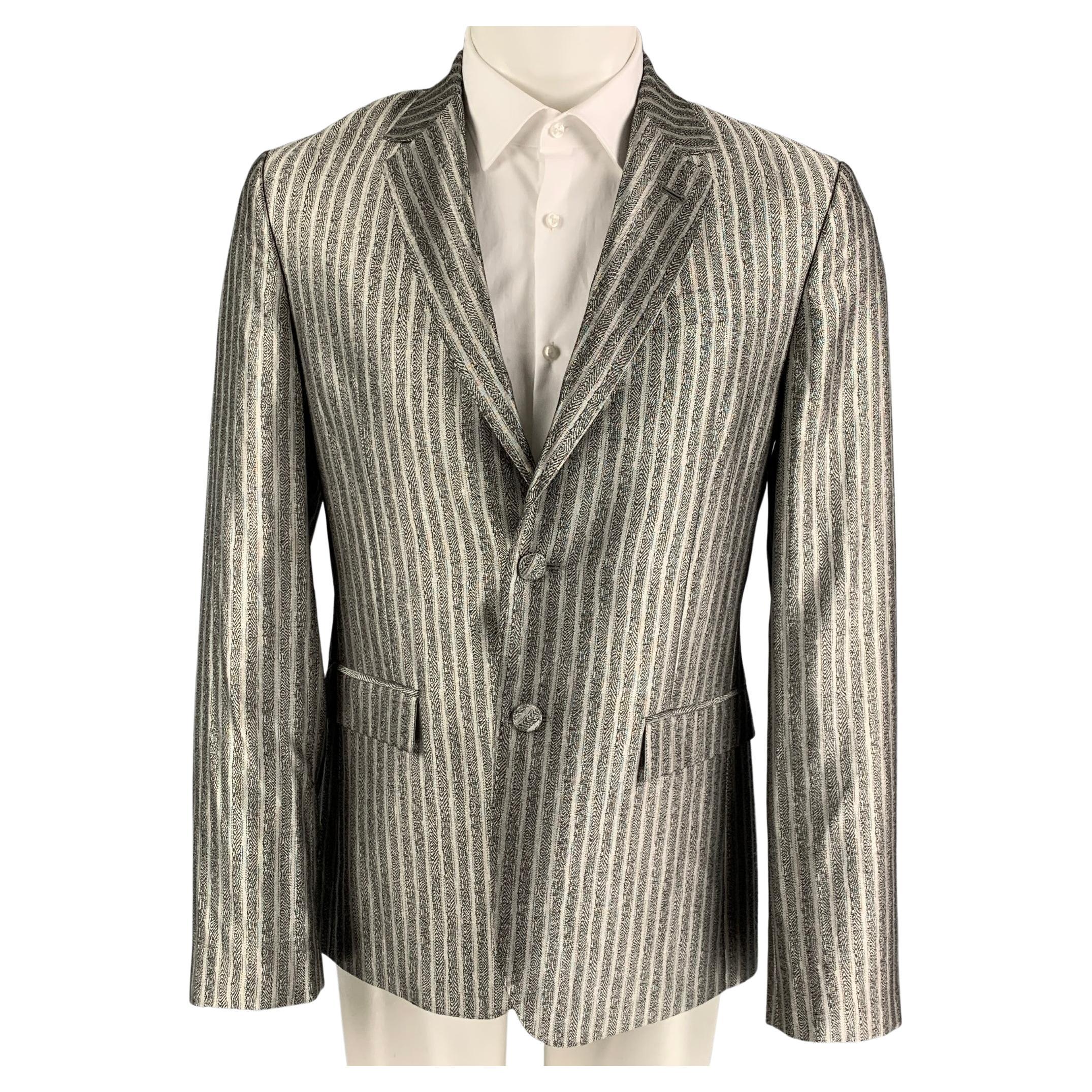 ROBERTO CAVALLI Size 40 Silver Black Stripe Wool Silk Sport Coat