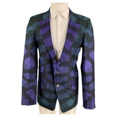 ROBERTO CAVALLI Size 42 Black Purple Print Silk Peak Lapel Sport Coat