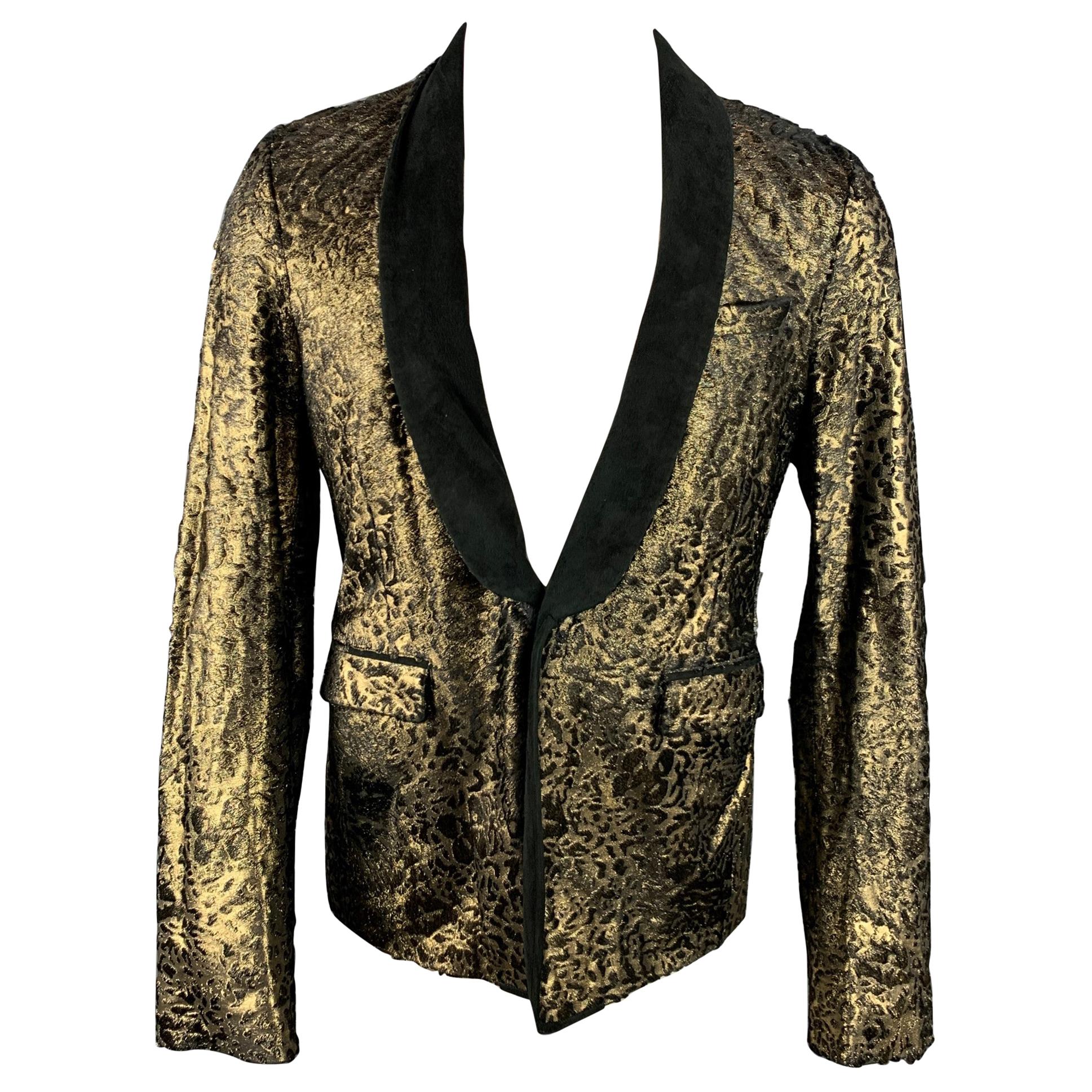 ROBERTO CAVALLI Size 42 Gold & Black Laser Pony Jacquard Leather Sport Coat