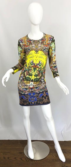 Roberto Cavalli Size 42 / US 6 - 8 Yellow Novelty Bird Print 3/4 Sleeve Dress