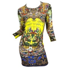 Robe jaune fantaisie à manches 3/4 imprimé oiseaux Roberto Cavalli, Taille 42 / US 6 - 8