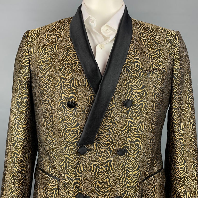 ROBERTO CAVALLI Size 44 Black and Gold Jacquard Silk Sport Coat For ...