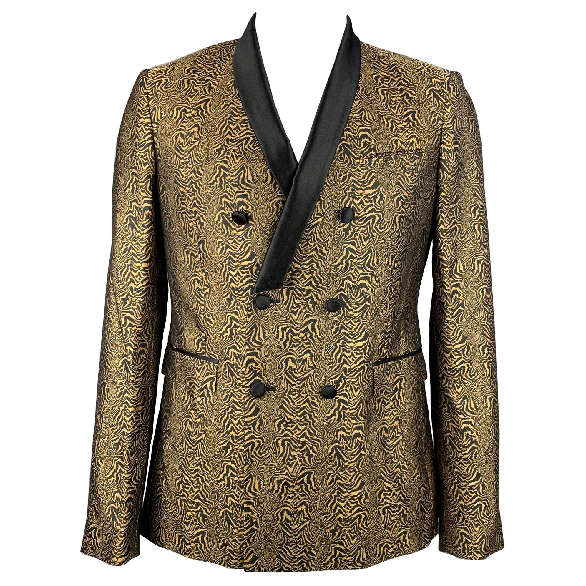 ROBERTO CAVALLI Size 44 Black & Gold Jacquard Silk Sport Coat