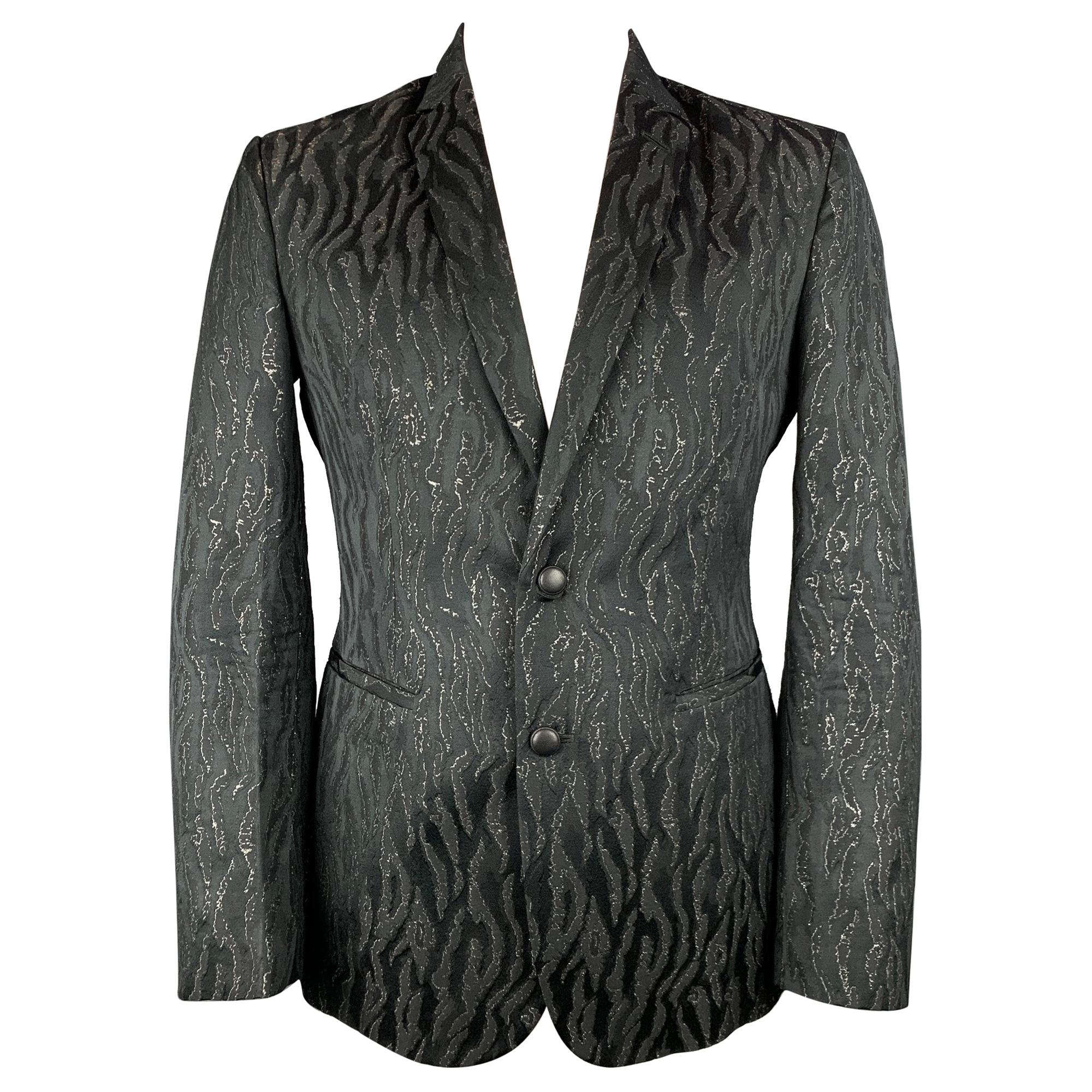 ROBERTO CAVALLI Size 44 Black & Gold Jacquard Wool Blend Sport Coat
