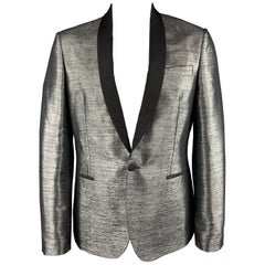 ROBERTO CAVALLI Size 44 Silver & Black Wool Blend Shawl Collar Sport Coat
