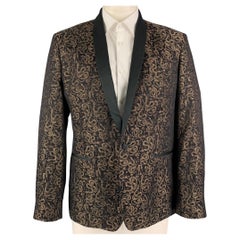 ROBERTO CAVALLI Size 46 Black Gold Jacquard Shawl Collar Sport Coat
