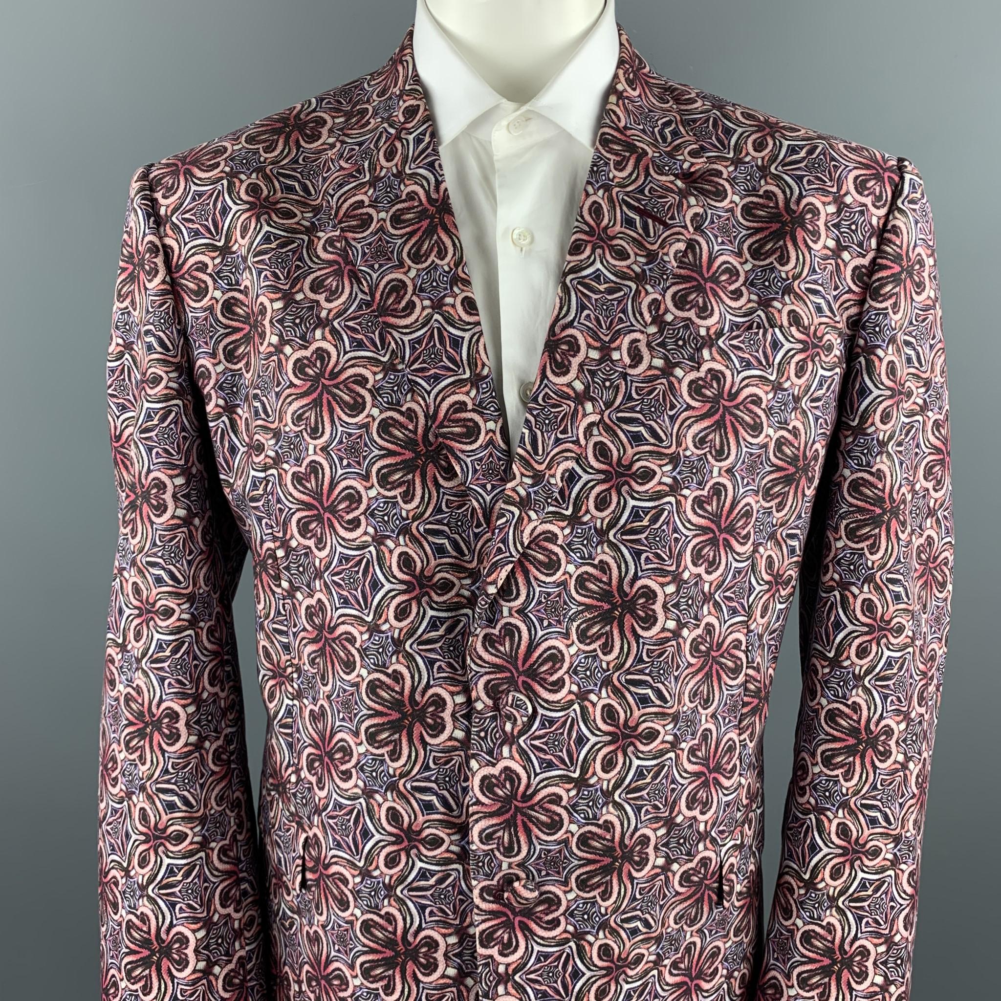 ROBERTO CAVALLI sport coat comes in a brick & purple cotton / silk with a all over abstract print featuring a notch lapel style, flap pockets, and a two button closure. Made in Italy.  Retail: $2725

New With Tags. 
Marked: IT