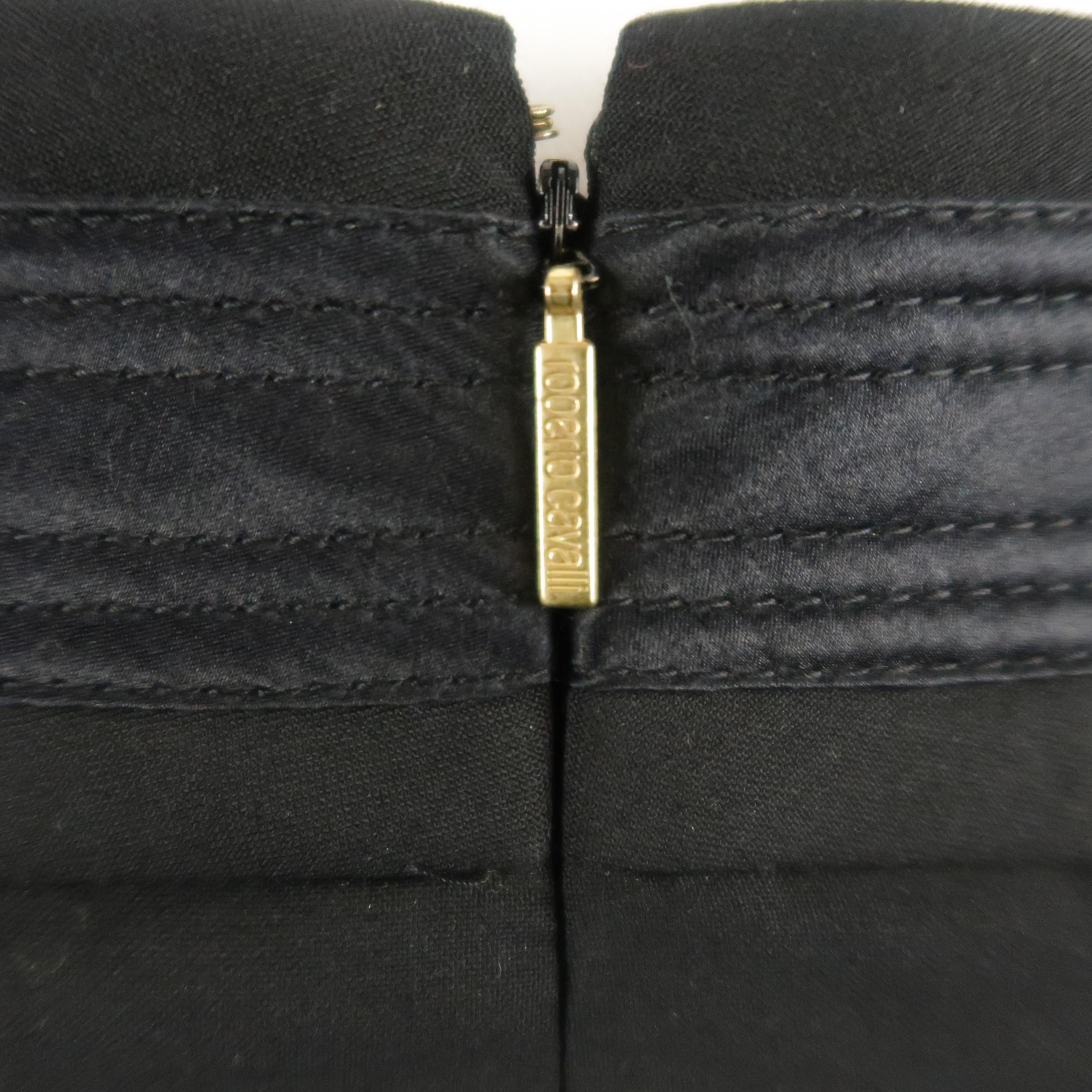 ROBERTO CAVALLI Size 6 Black Satin Trim Gold Button Tab Pencil Skirt 1
