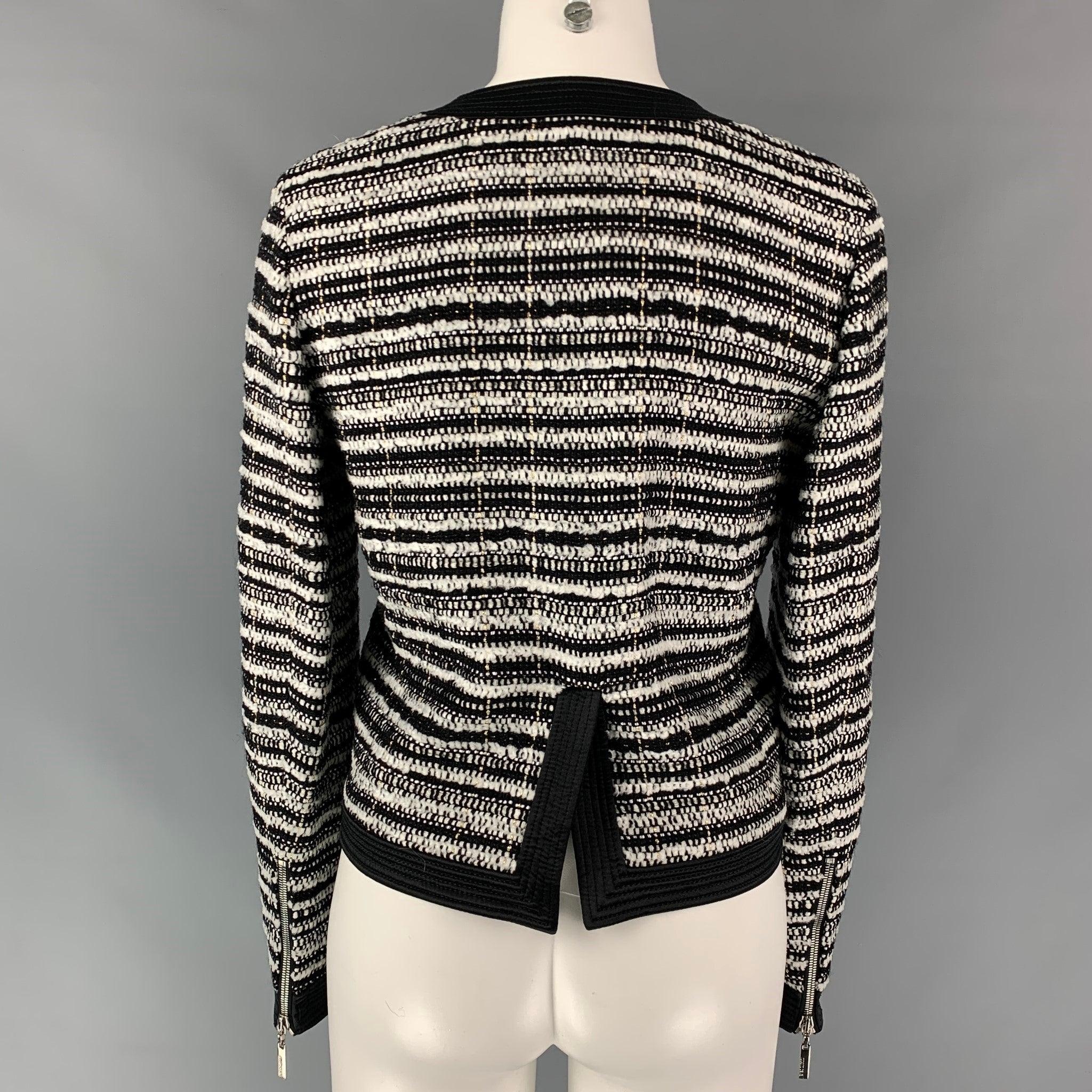 ROBERTO CAVALLI Size 6 Black & White Stripe Boucle Wool Blend Jacket For Sale 1