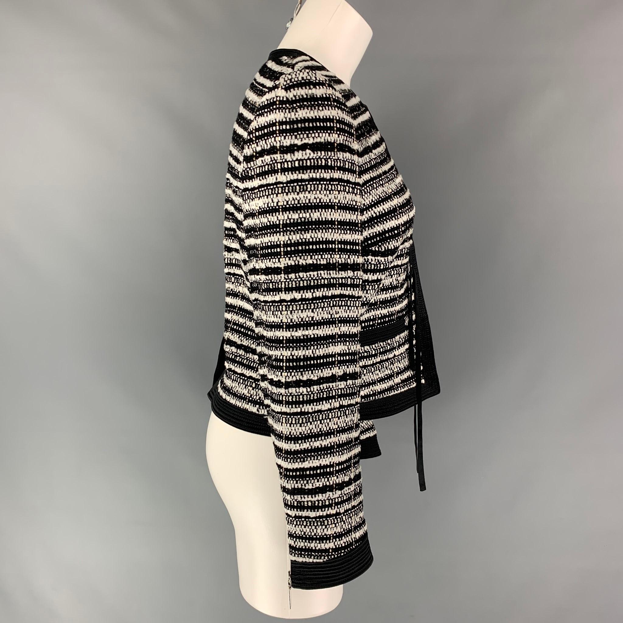 ROBERTO CAVALLI Size 6 Black & White Stripe Boucle Wool Blend Jacket 1