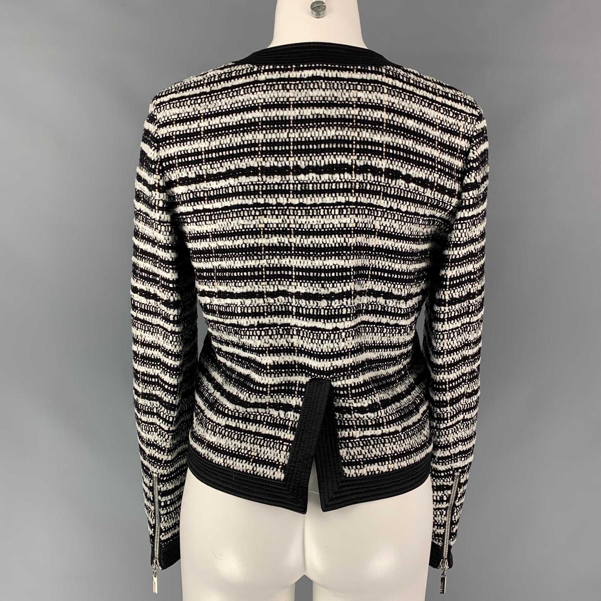 ROBERTO CAVALLI Size 6 Black & White Stripe Boucle Wool Blend Jacket 2