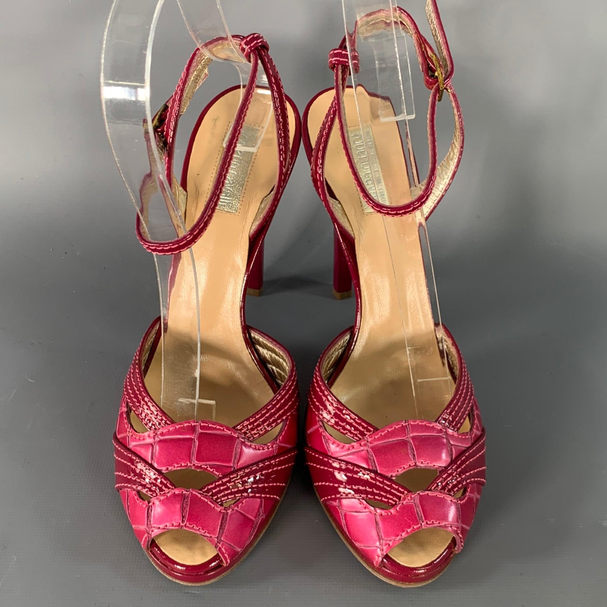 ROBERTO CAVALLI Size 6 Pink Mixed Materials Patent Leather Platform Sandals (Sandales à plateforme en cuir verni) Pour femmes en vente